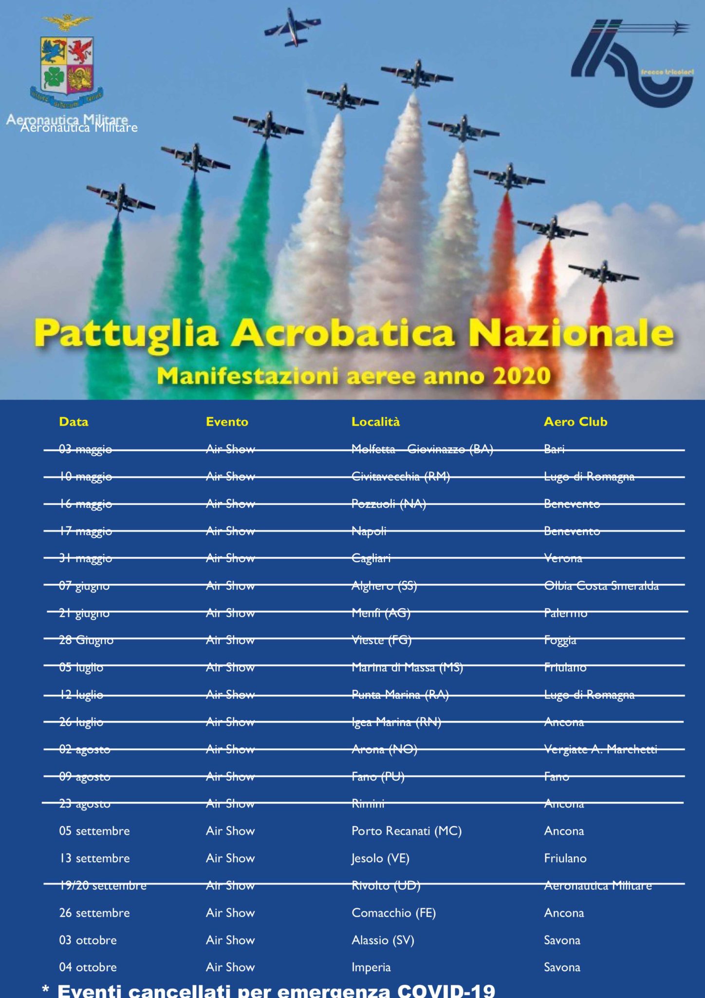 Aggiornamento calendario manifestazioni Frecce Tricolori 2020 Airholic.it